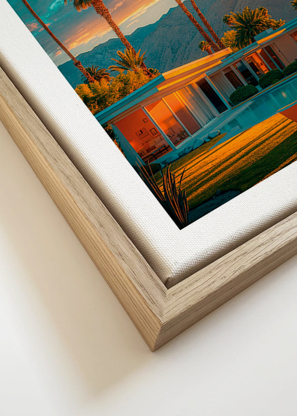 Obraz krajiny: západ slunce s palmami u bazénu – Canvas detail