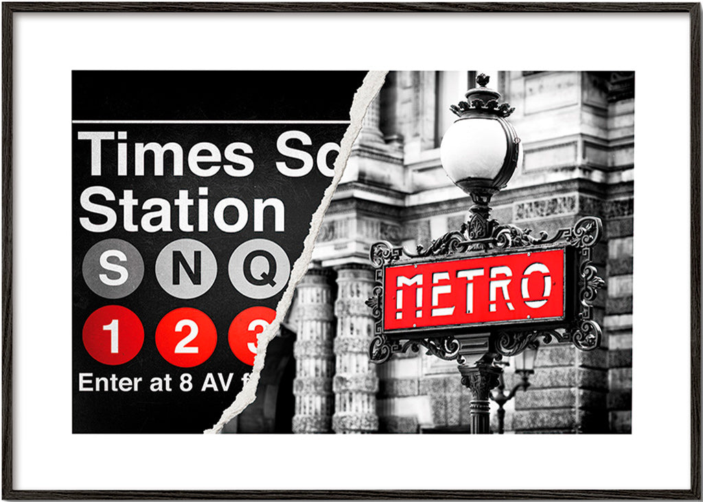 Plakát města s červeným nápisem Metro – Black Frame