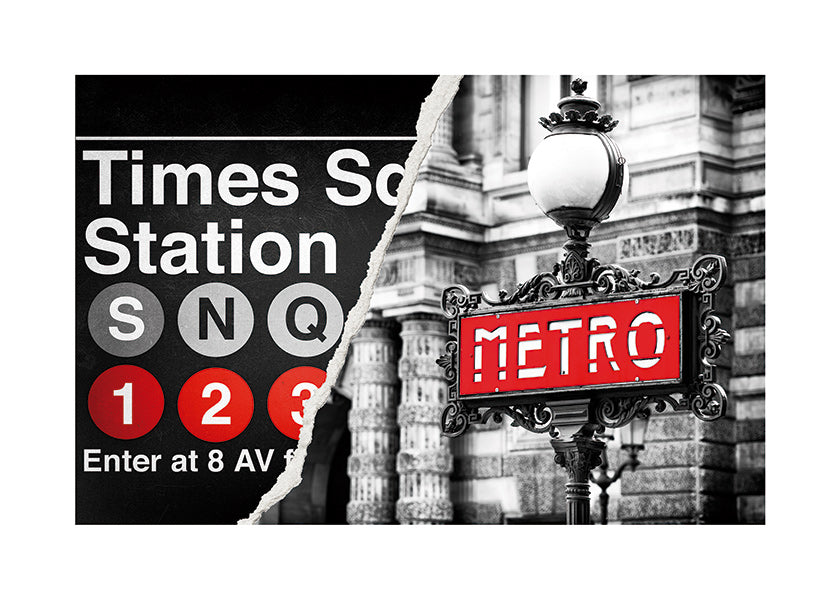 Plakát města s červeným nápisem Metro