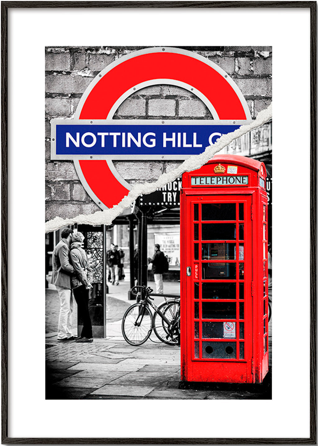 Obraz města s červenou telefonní budkou Notting Hill – Black Frame