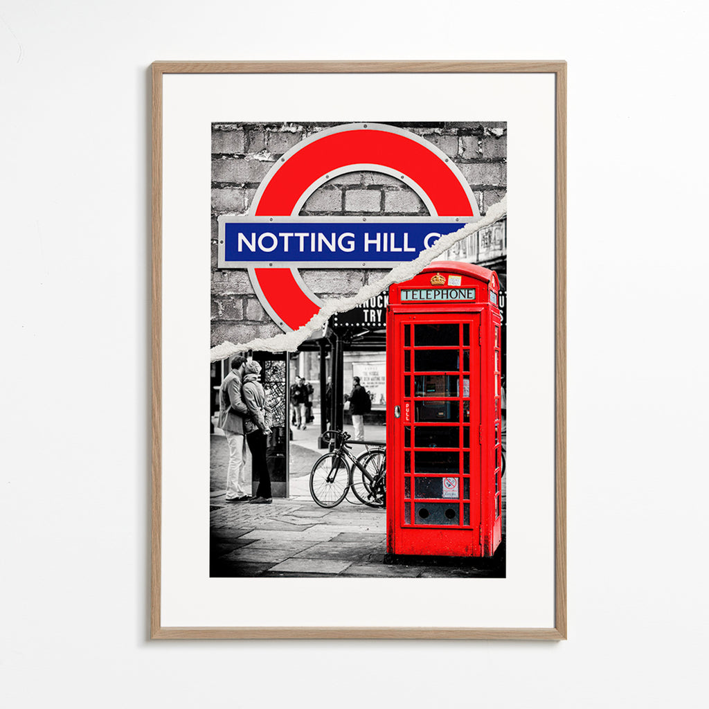 Obraz města s červenou telefonní budkou Notting Hill – Oak Frame
