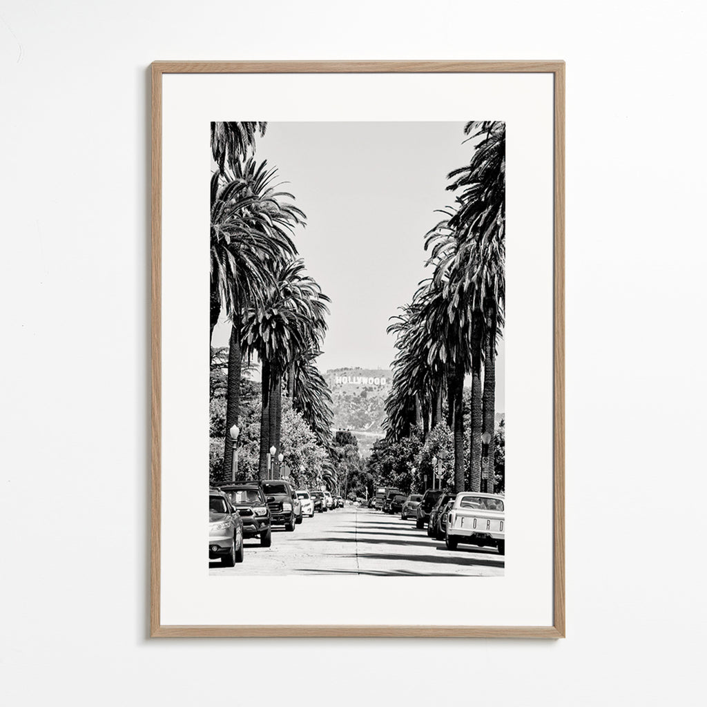 Cestovní plakát Hollywood palmová ulice černobílý – Oak Frame