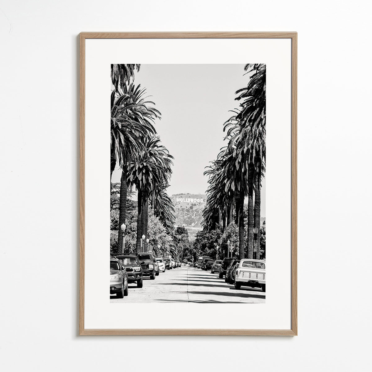 Cestovní plakát Hollywood palmová ulice černobílý – Oak Frame