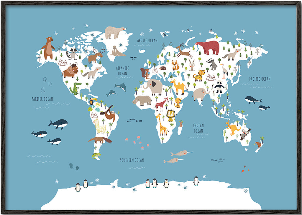 Travel poster: ilustrovaná mapa světa se zvířaty