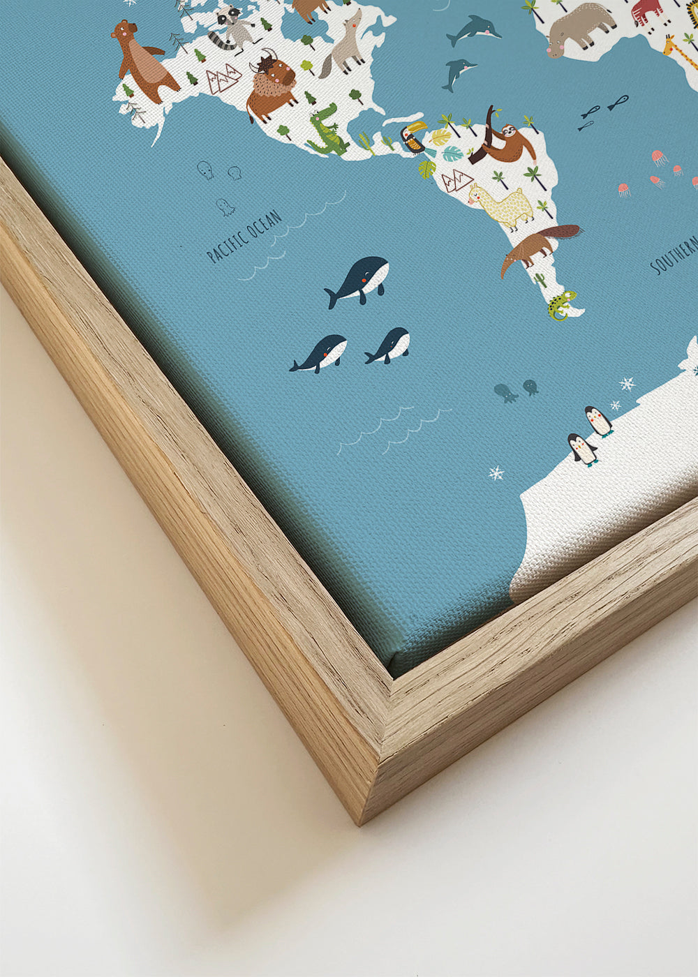 Travel poster: ilustrovaná mapa světa se zvířaty