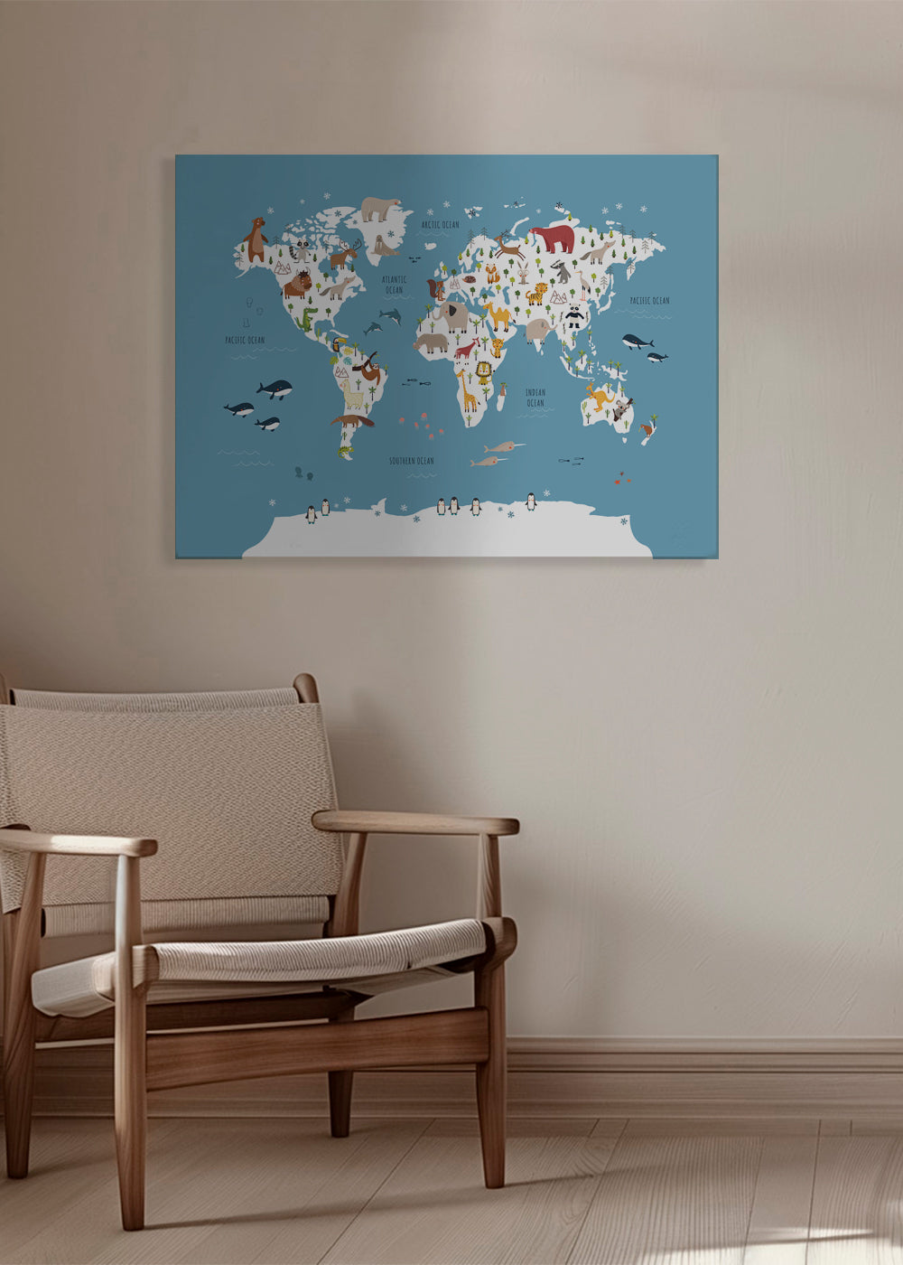 Travel poster: ilustrovaná mapa světa se zvířaty