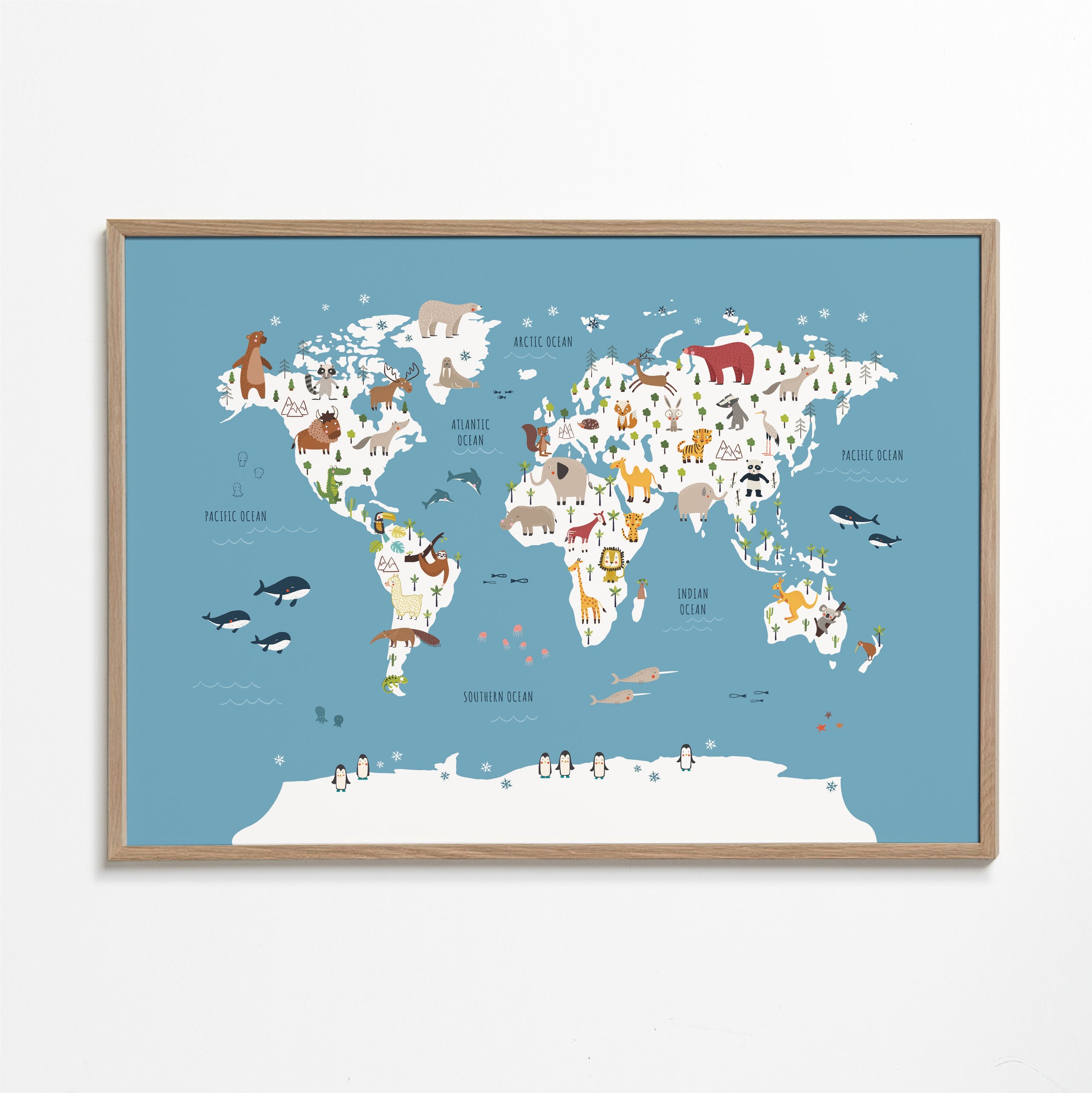 Travel poster: ilustrovaná mapa světa se zvířaty