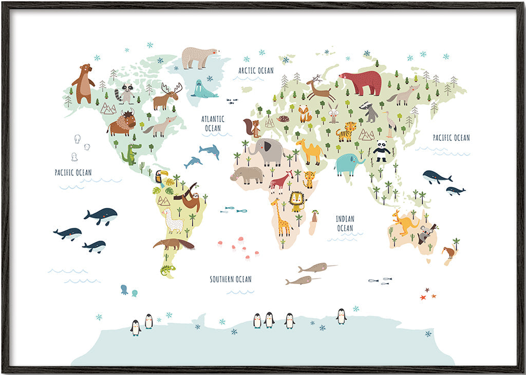 Obraz do kuchyně: mapa světa s ilustrovanými zvířaty