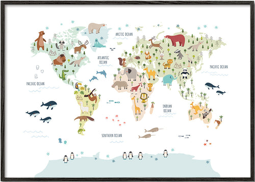 Obraz do kuchyně: mapa světa s ilustrovanými zvířaty