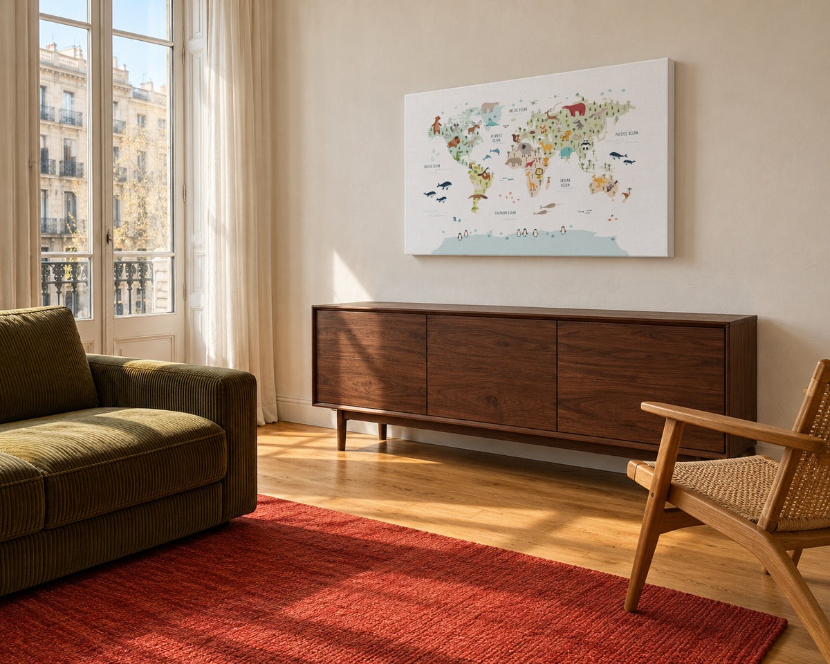 World Map with animals colours - Unframed canvas in an interior
