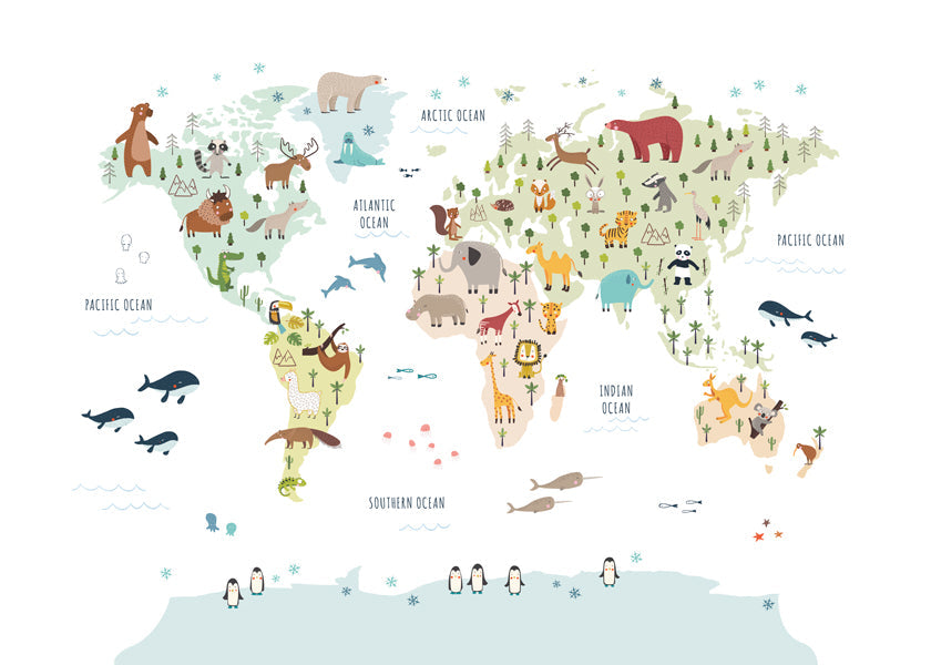 Obraz do kuchyně: mapa světa s ilustrovanými zvířaty