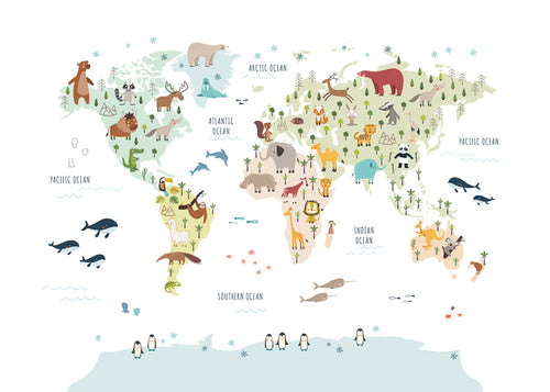 Obraz do kuchyně: mapa světa s ilustrovanými zvířaty
