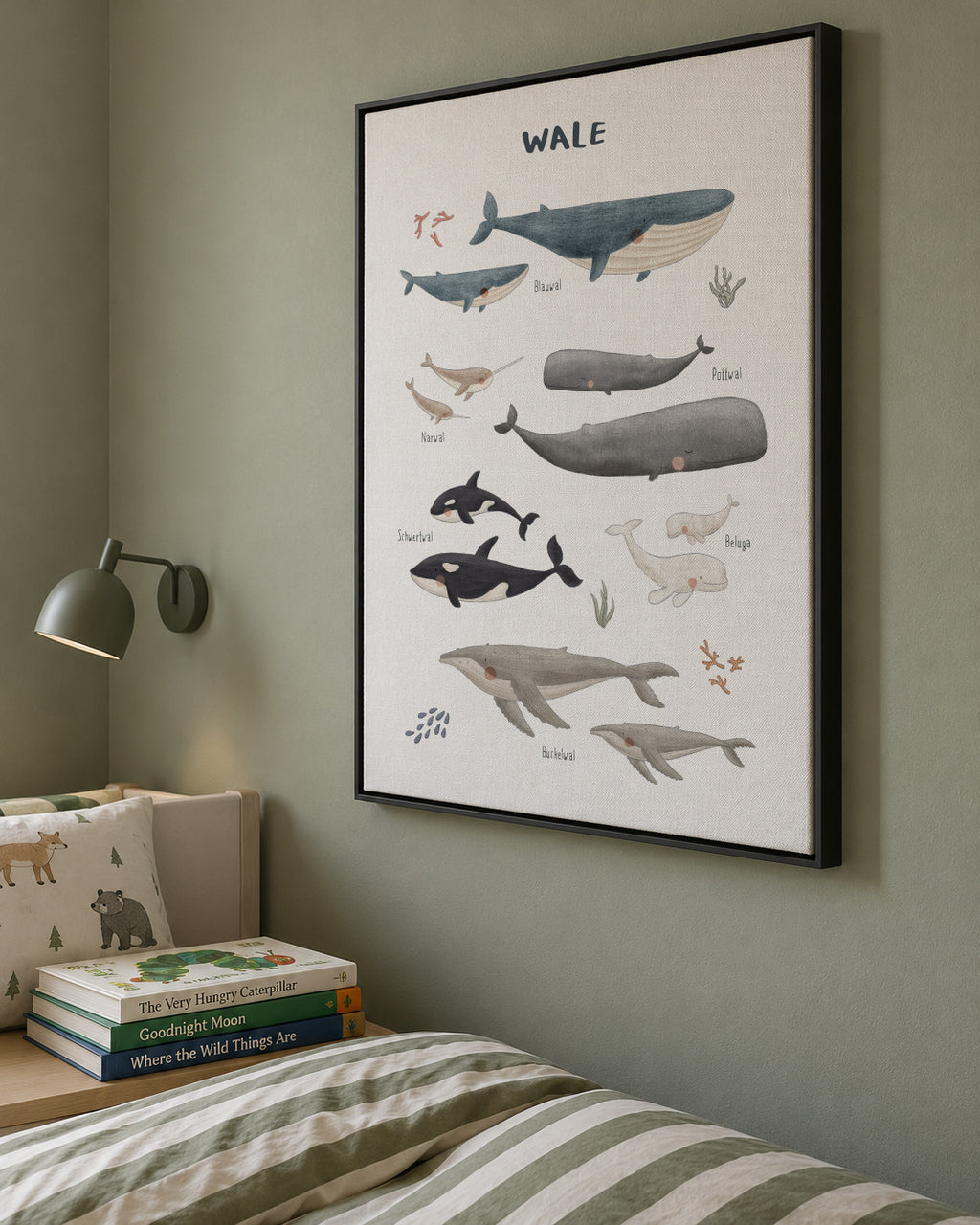 Ballenas fondo blanco (aleman) - Framed canvas in an interior