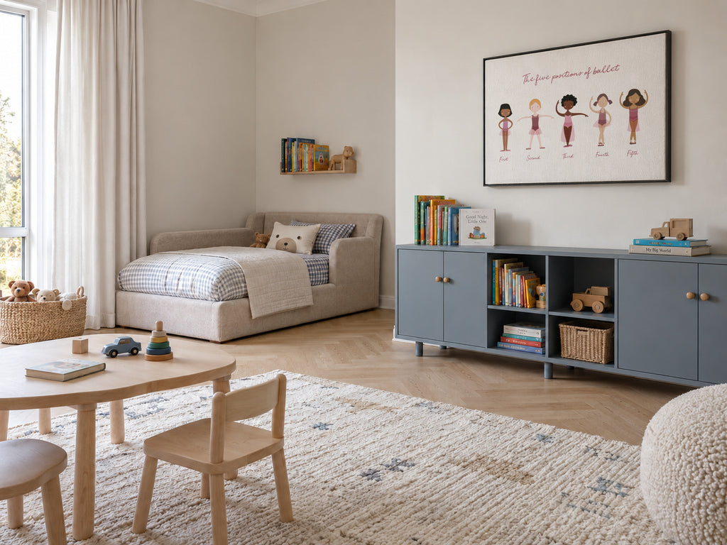 Las 5 posiciones de ballet (lila) - Framed canvas in an interior