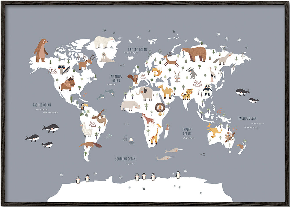 Plakát cesta mapa světa se zvířaty kobaltová