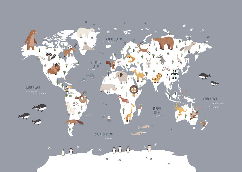 Plakát cesta mapa světa se zvířaty kobaltová