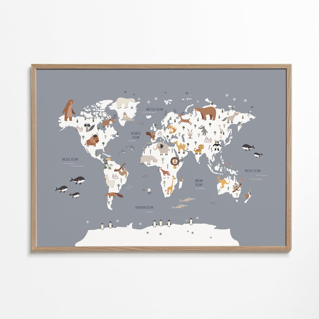 Plakát cesta mapa světa se zvířaty kobaltová
