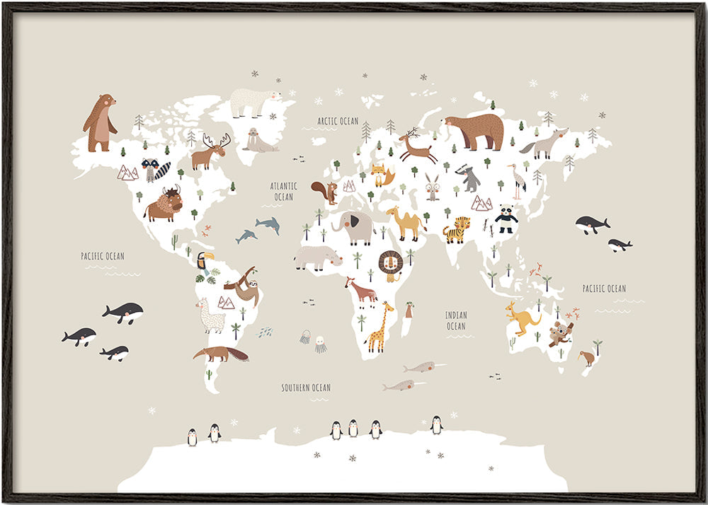 Plakát cestování: mapa zvířat v béžové