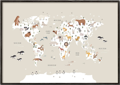 Plakát cestování: mapa zvířat v béžové