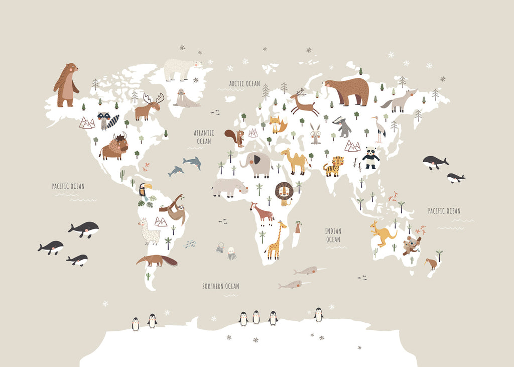 Plakát cestování: mapa zvířat v béžové