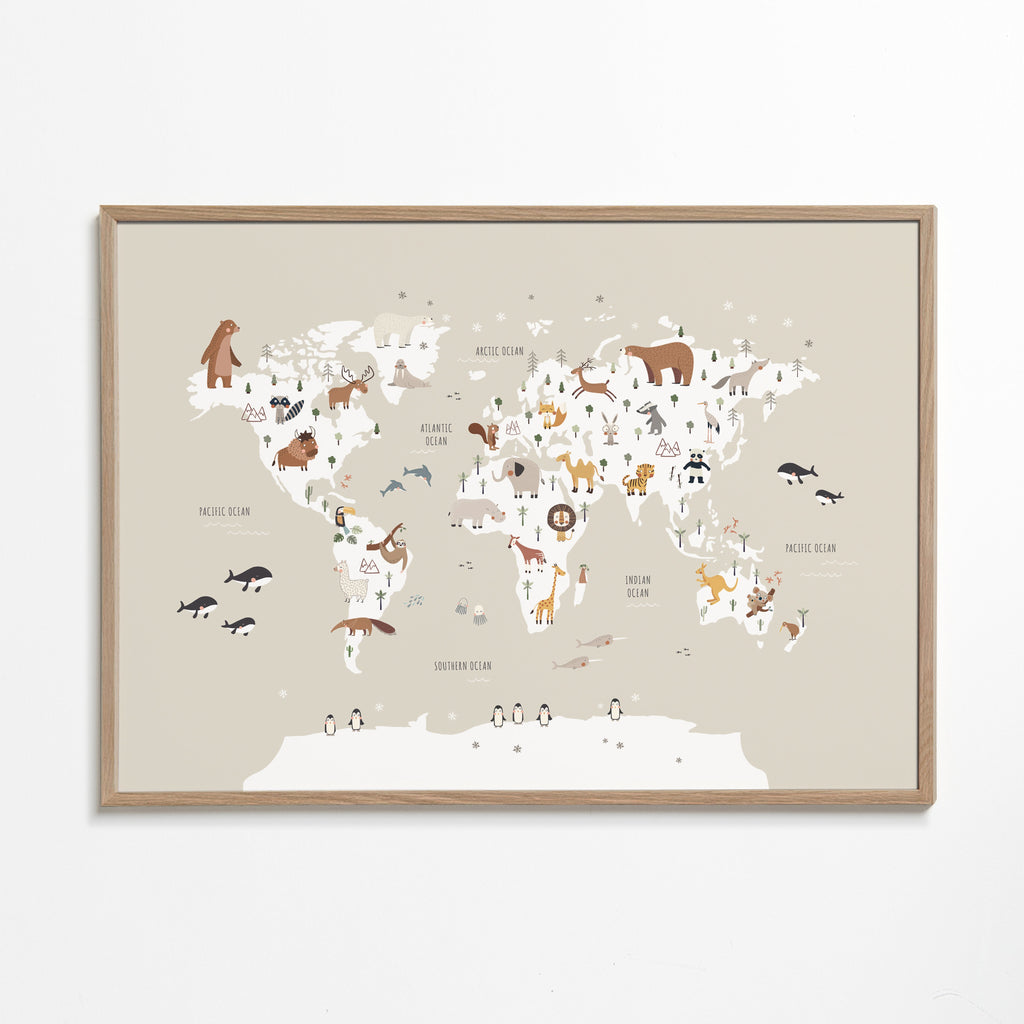 Plakát cestování: mapa zvířat v béžové