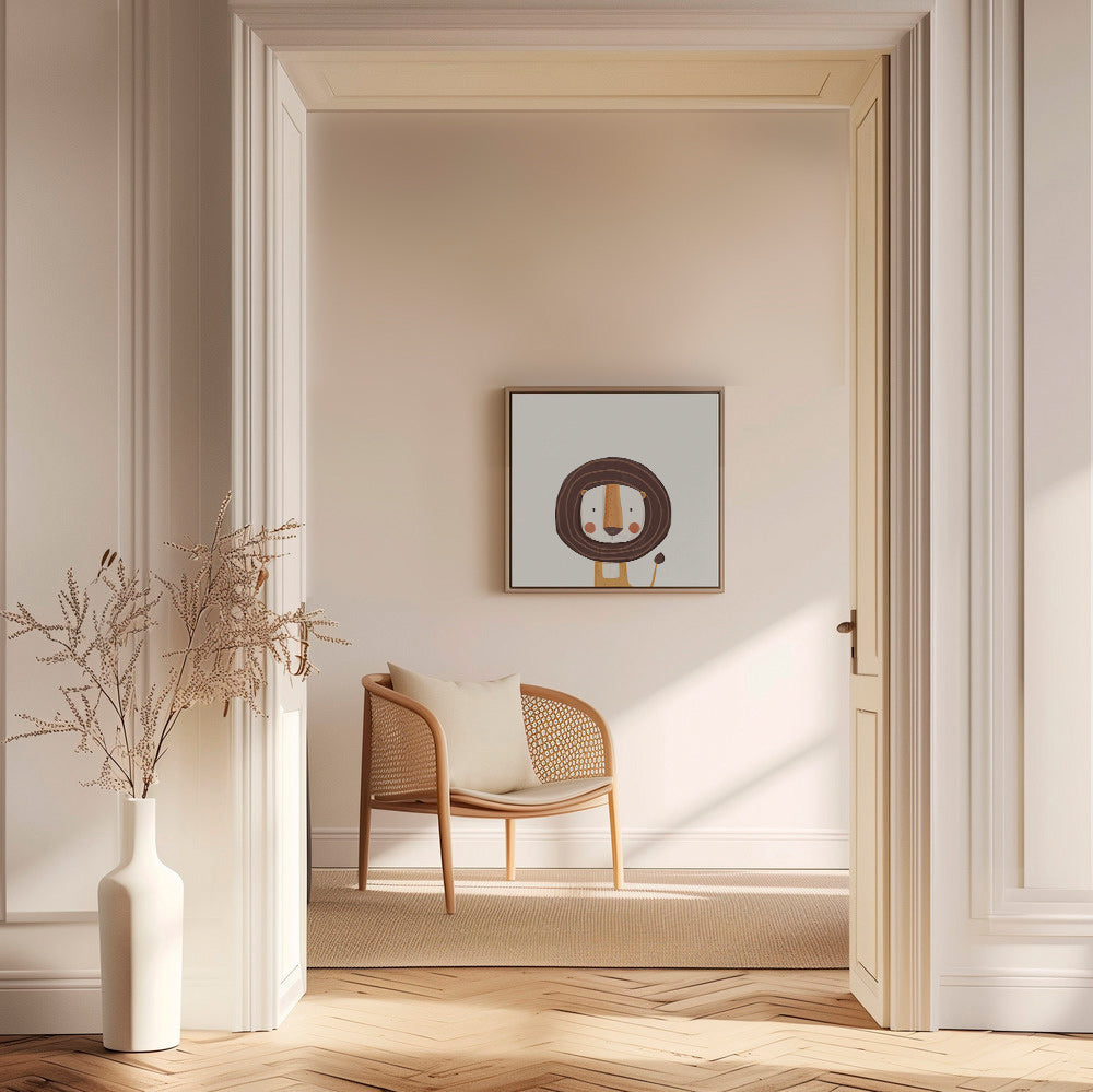 Dětský plakát s usměvavým lvem v minimalistickém stylu