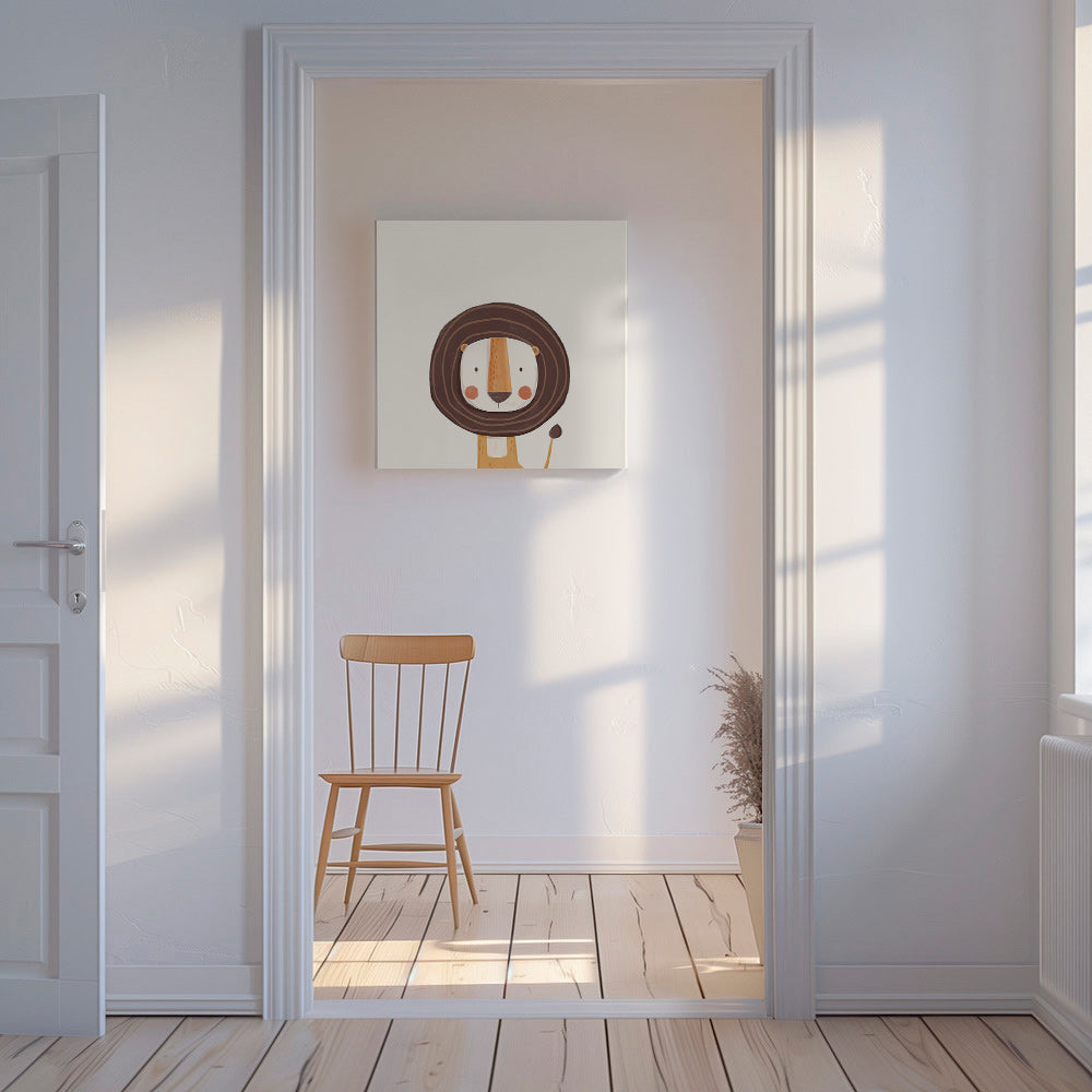 Dětský plakát s usměvavým lvem v minimalistickém stylu