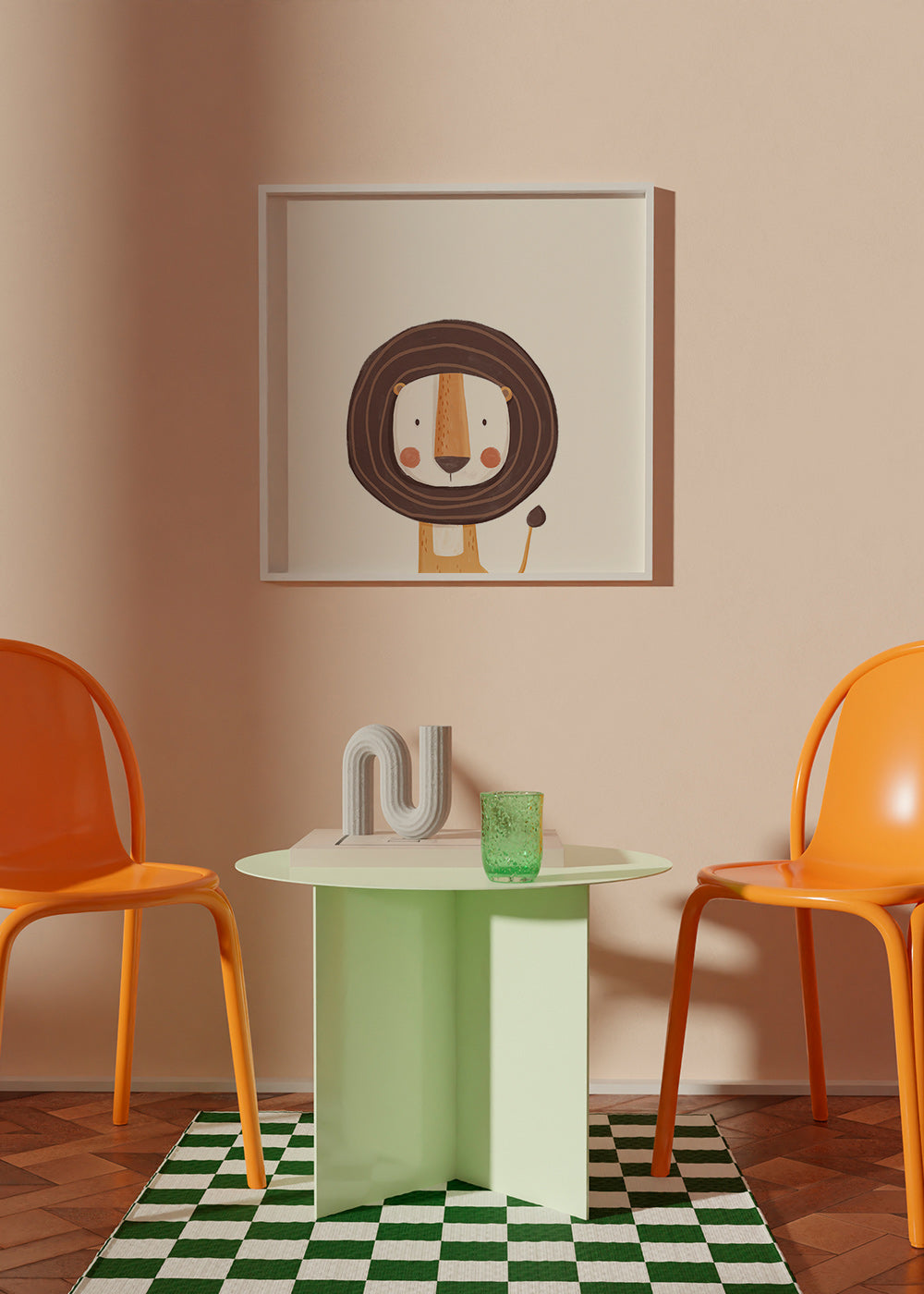 Dětský plakát s usměvavým lvem v minimalistickém stylu