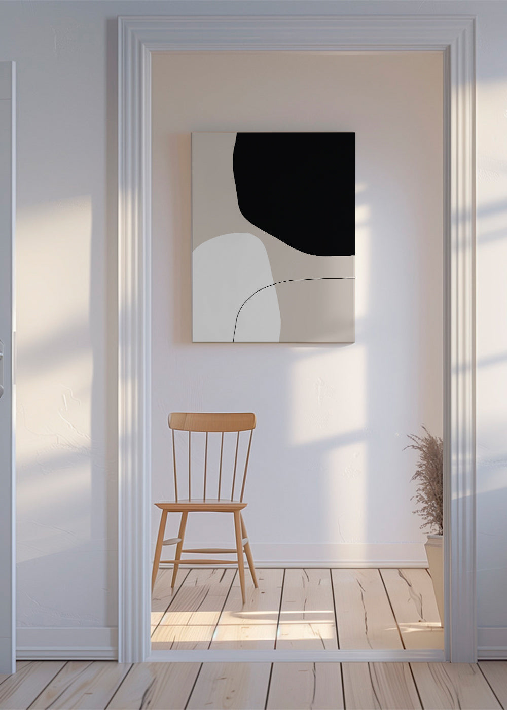 Minimalistický design s organickými černými a béžovými tvary