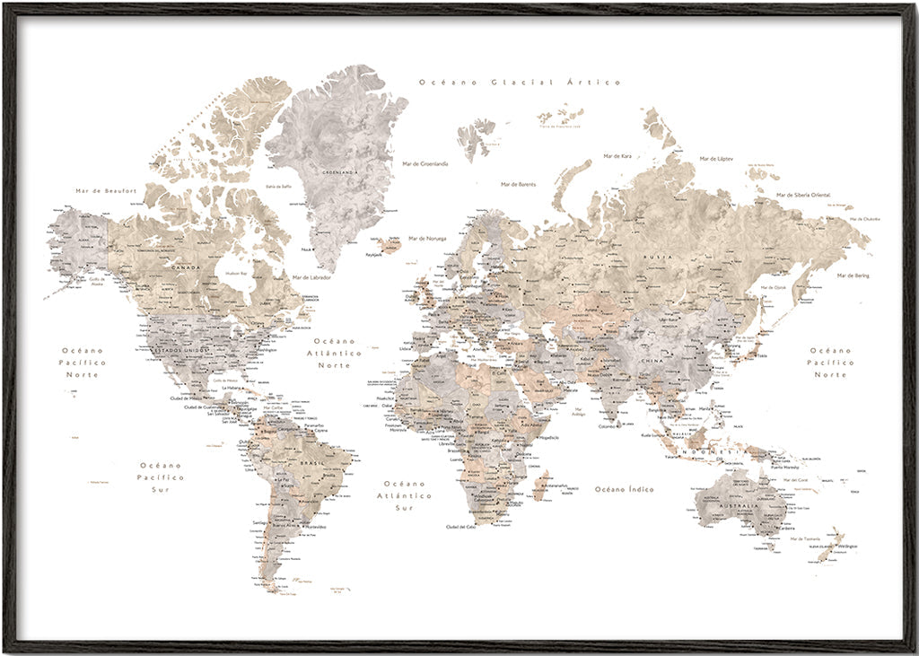 Mapa světa taupe detailní