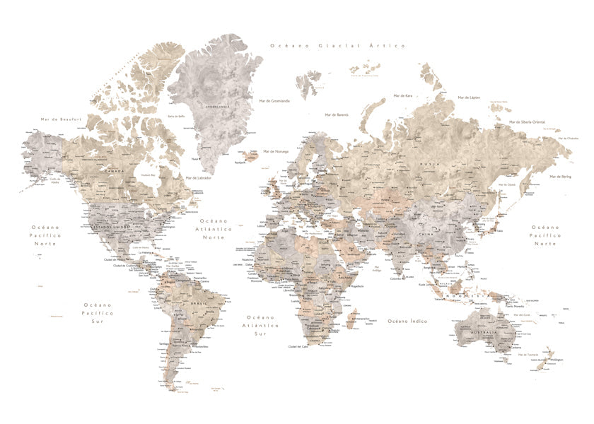 Mapa světa taupe detailní