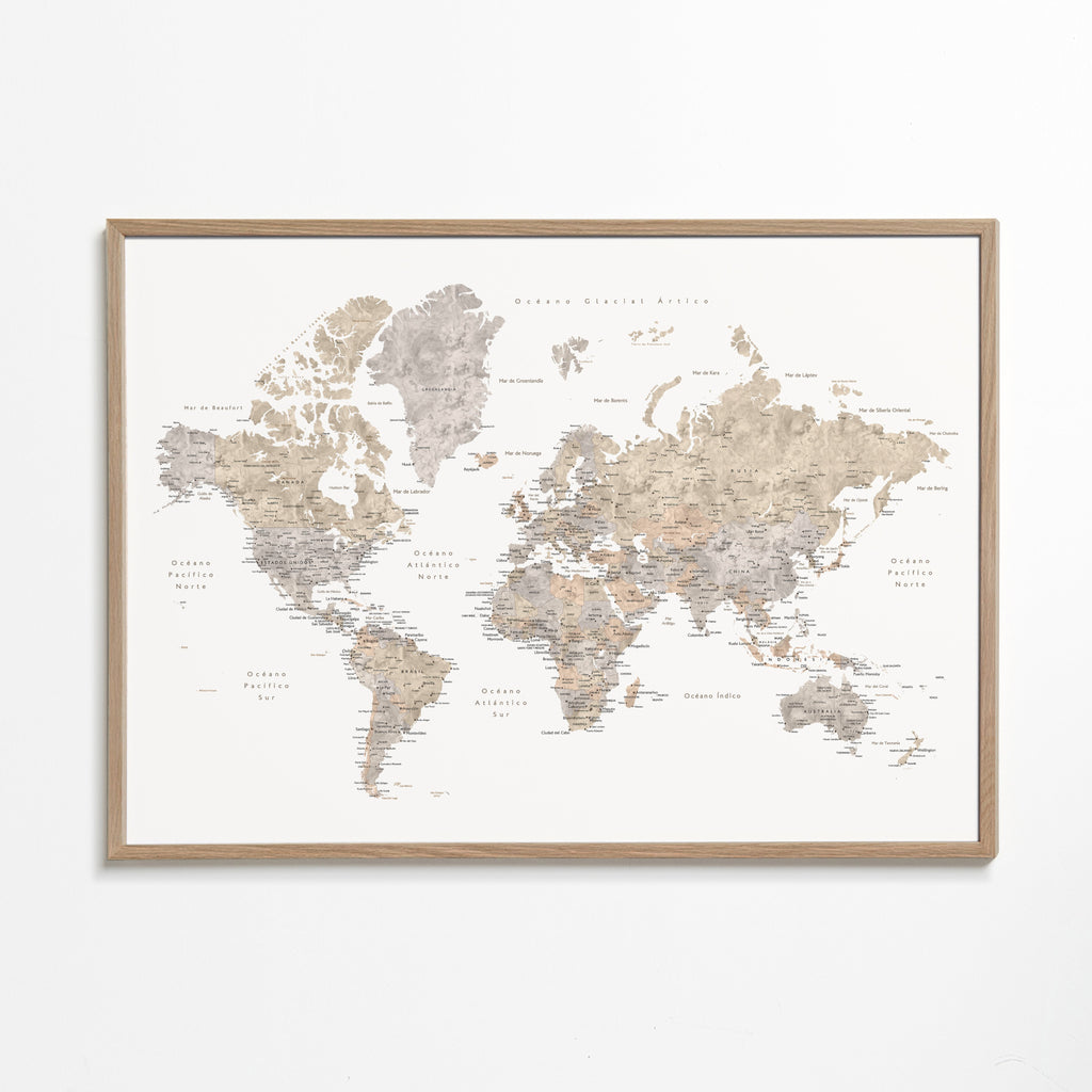 Mapa světa taupe detailní
