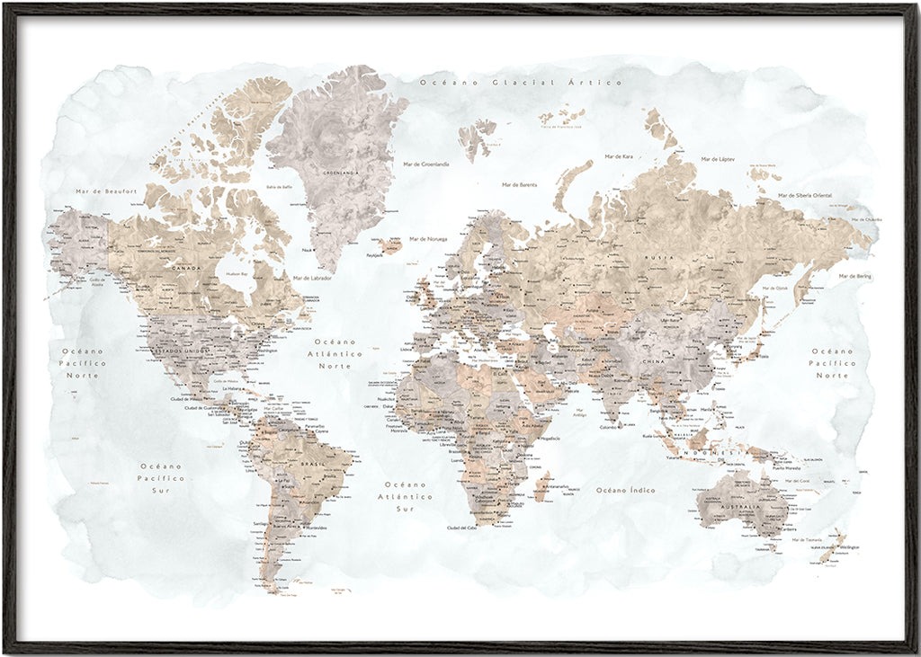 Mapa světa v akvarelu s detaily