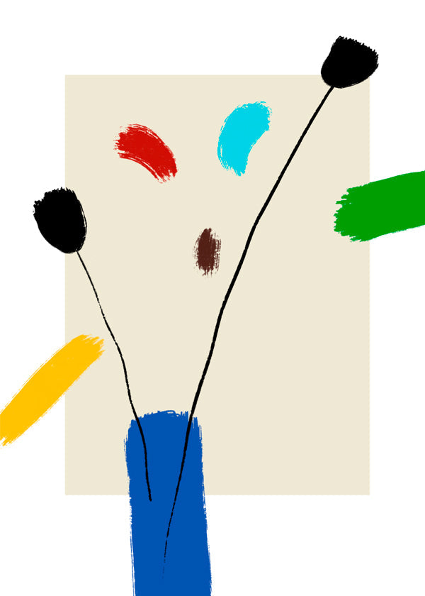 Botanický plakát: Šťastné květiny v modré váze