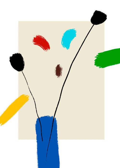 Botanický plakát: Šťastné květiny v modré váze