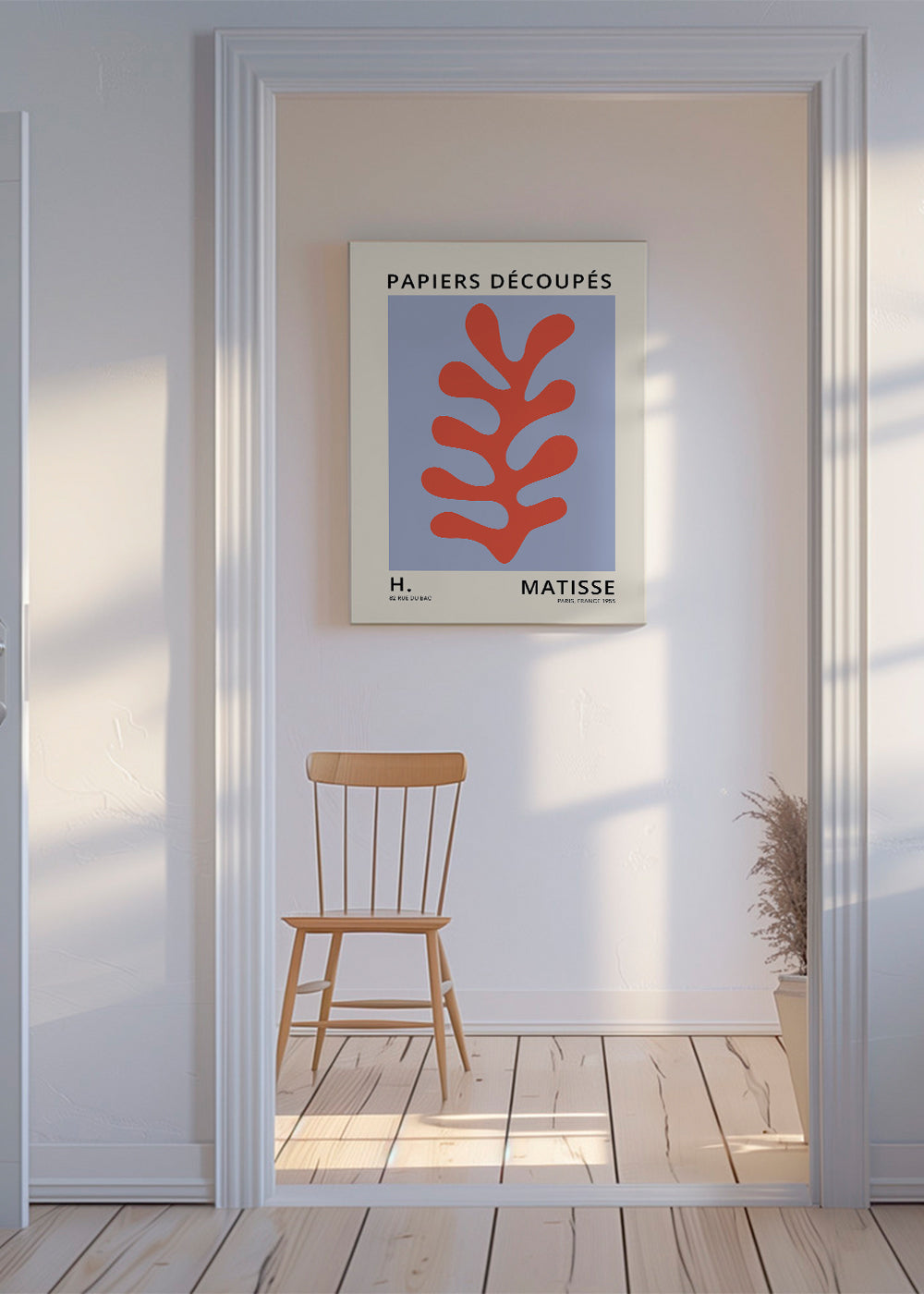 Botanický tisk ve stylu Matisse: červený list na modrém poli