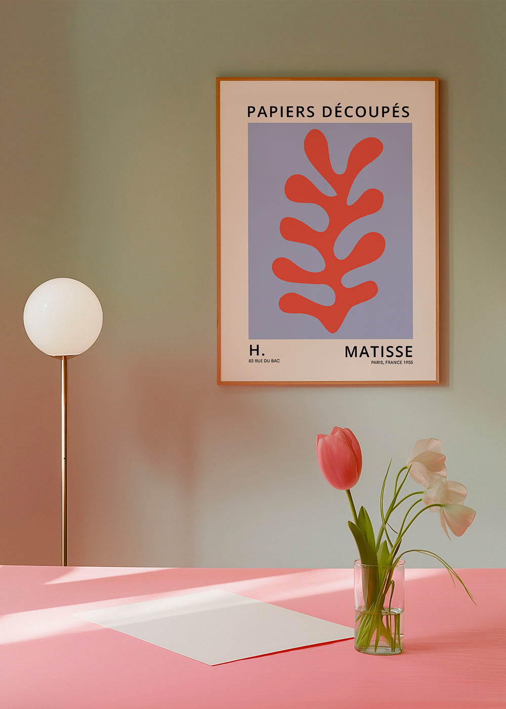 Botanický tisk ve stylu Matisse: červený list na modrém poli