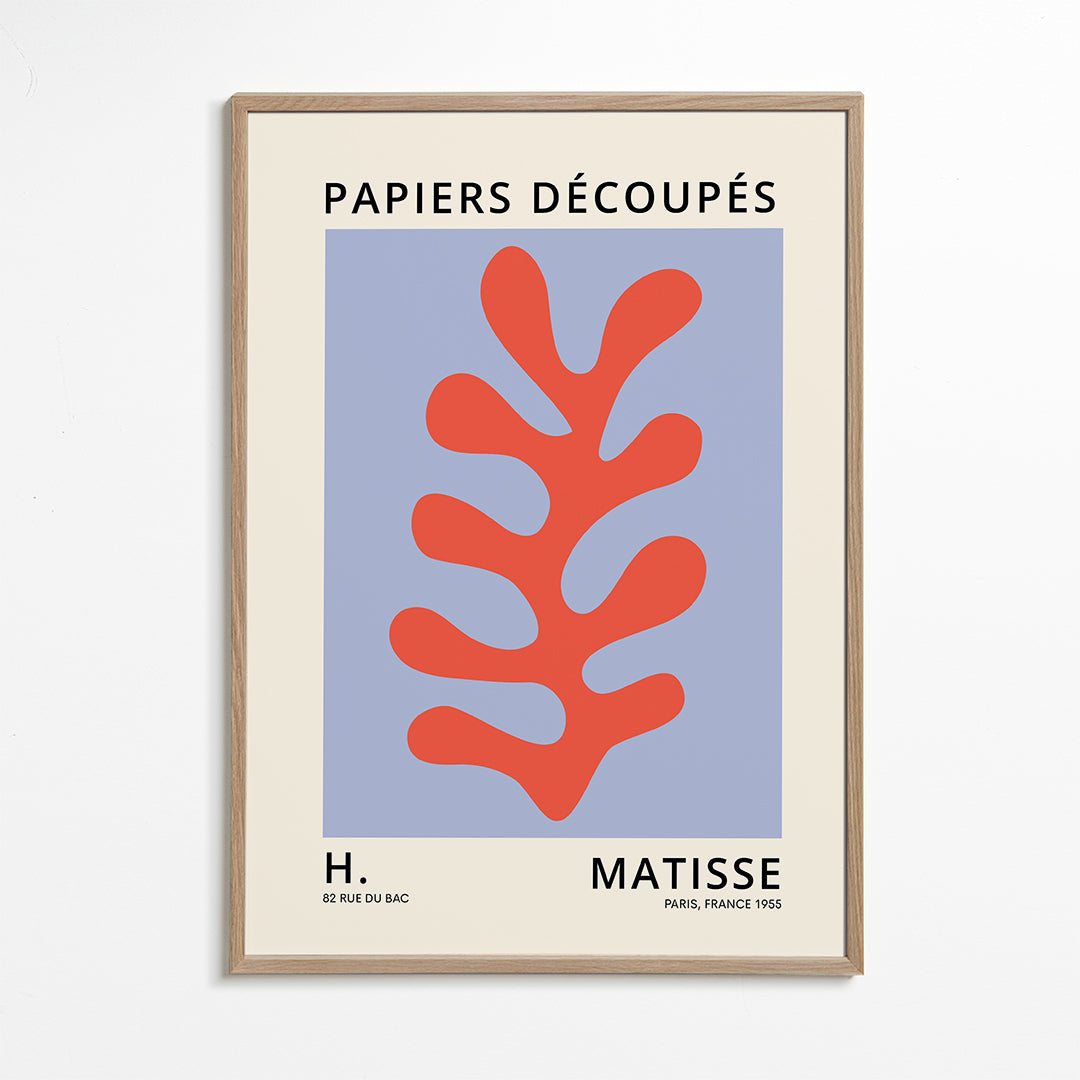 Botanický tisk ve stylu Matisse: červený list na modrém poli