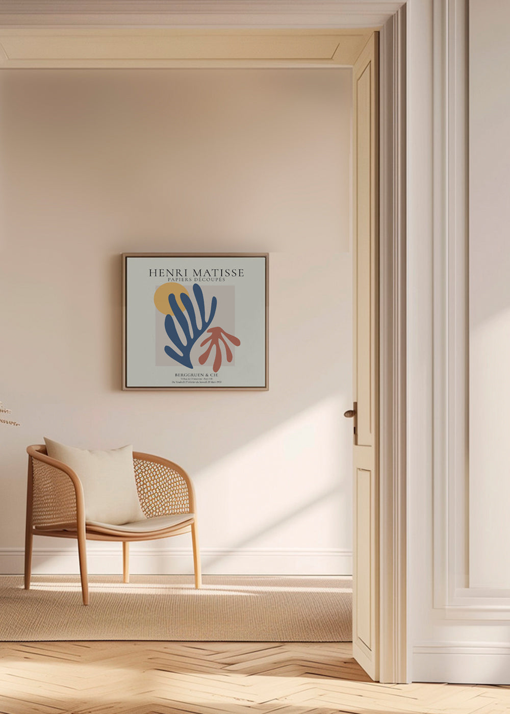 Ilustrace Matisse papiers découpés modrá a korálová