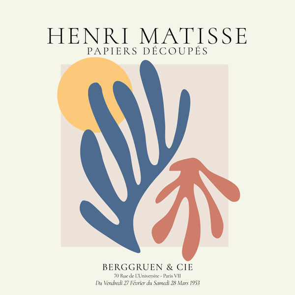 Ilustrace Matisse papiers découpés modrá a korálová