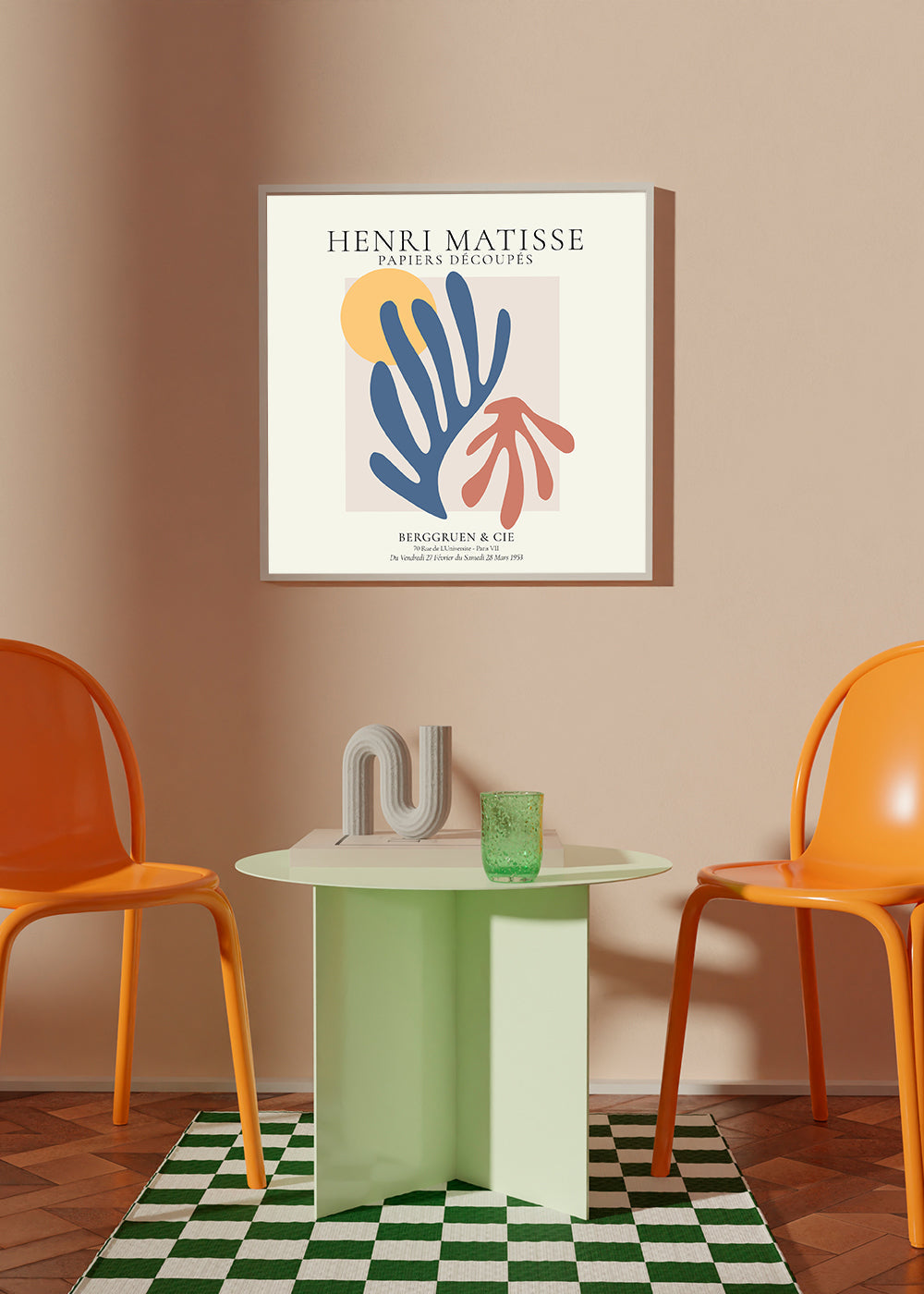 Ilustrace Matisse papiers découpés modrá a korálová