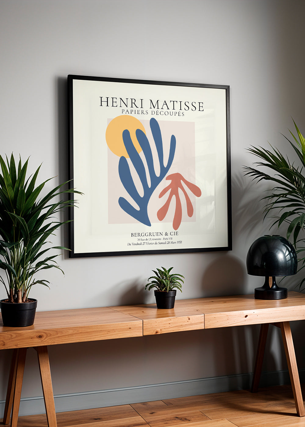 Ilustrace Matisse papiers découpés modrá a korálová