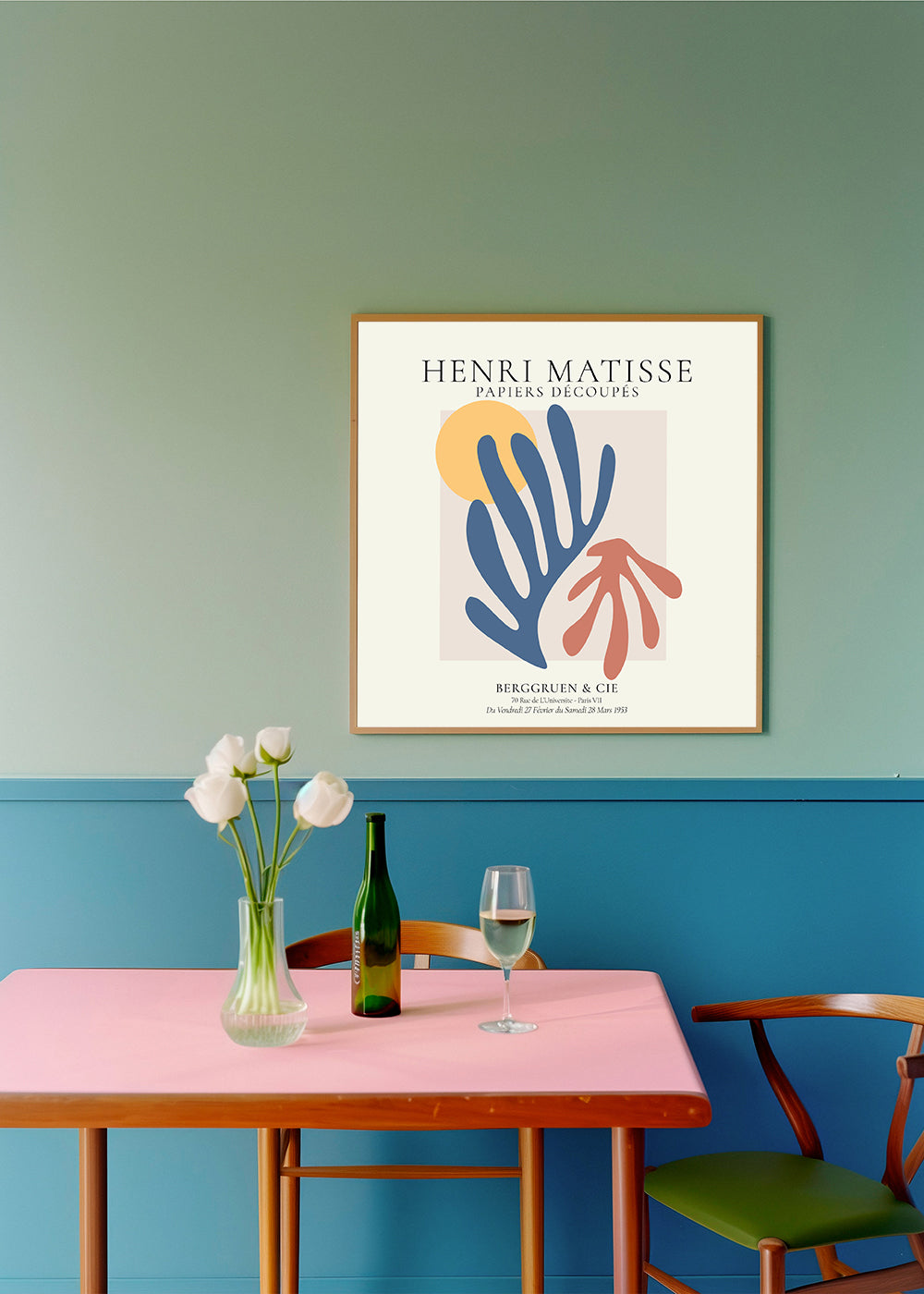 Ilustrace Matisse papiers découpés modrá a korálová