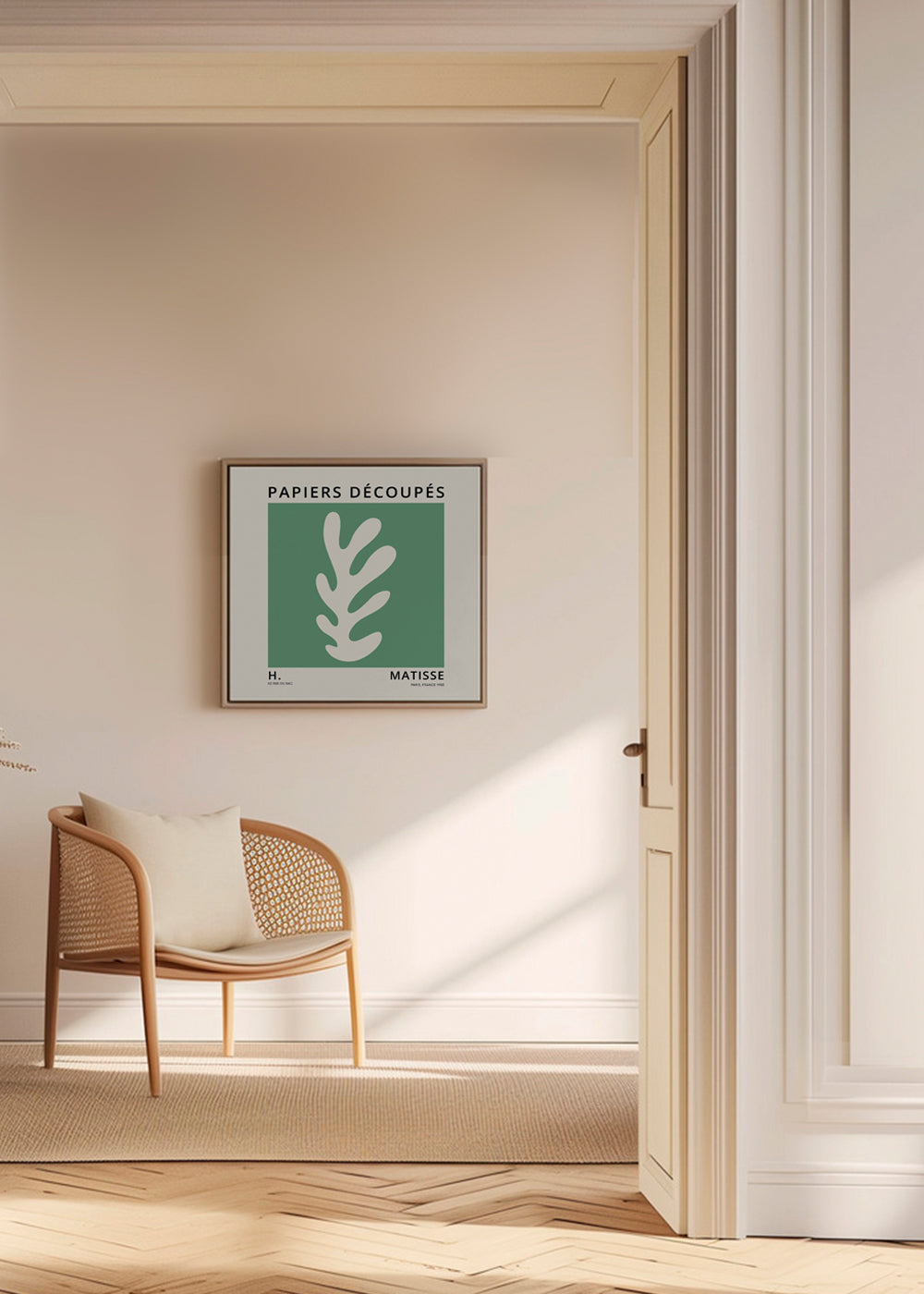Botanický plakát: zelený vystřižený list ve stylu Matisse