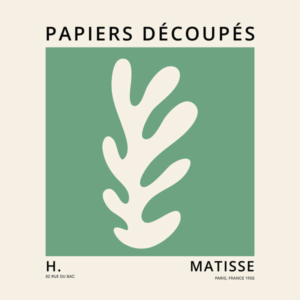 Botanický plakát: zelený vystřižený list ve stylu Matisse