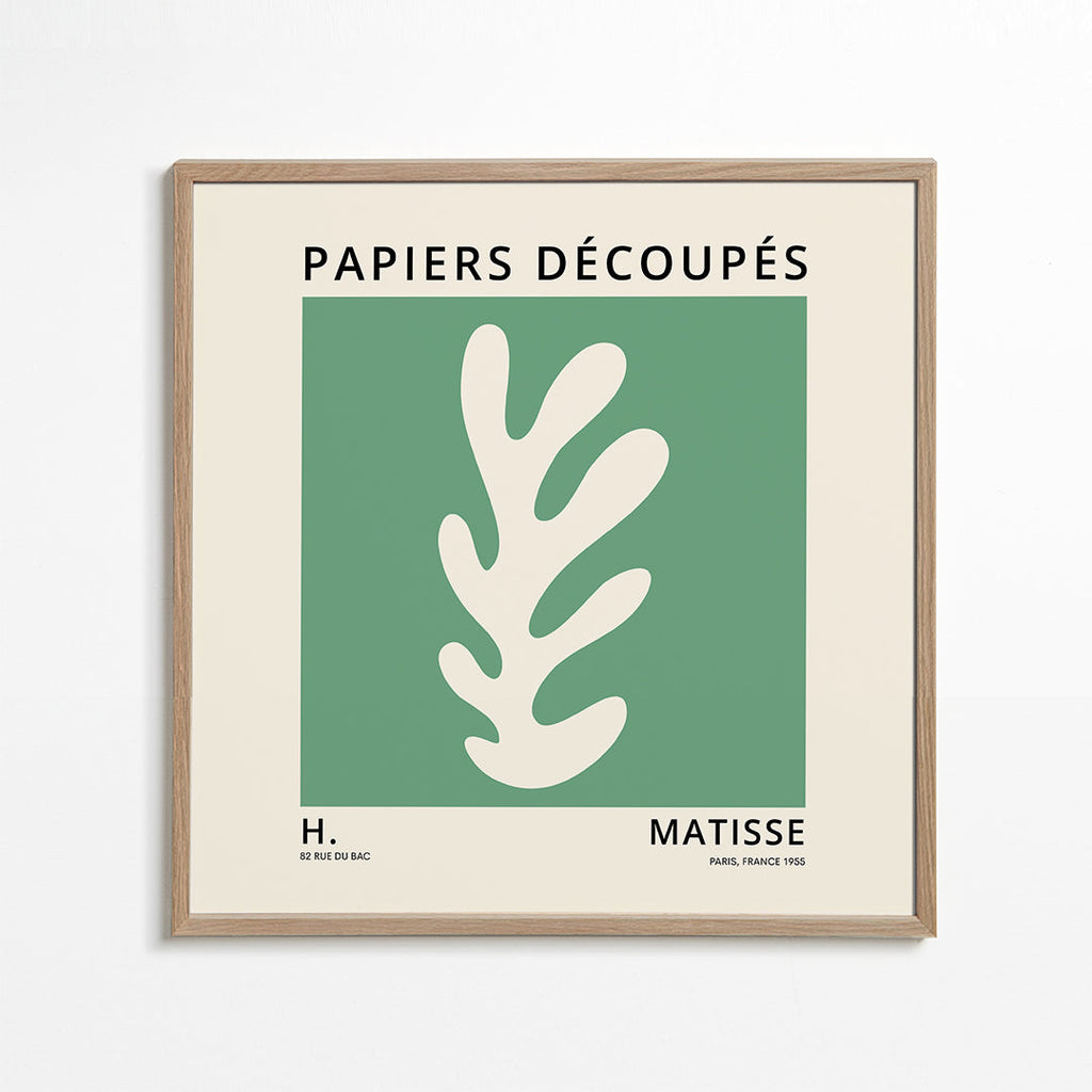 Botanický plakát: zelený vystřižený list ve stylu Matisse