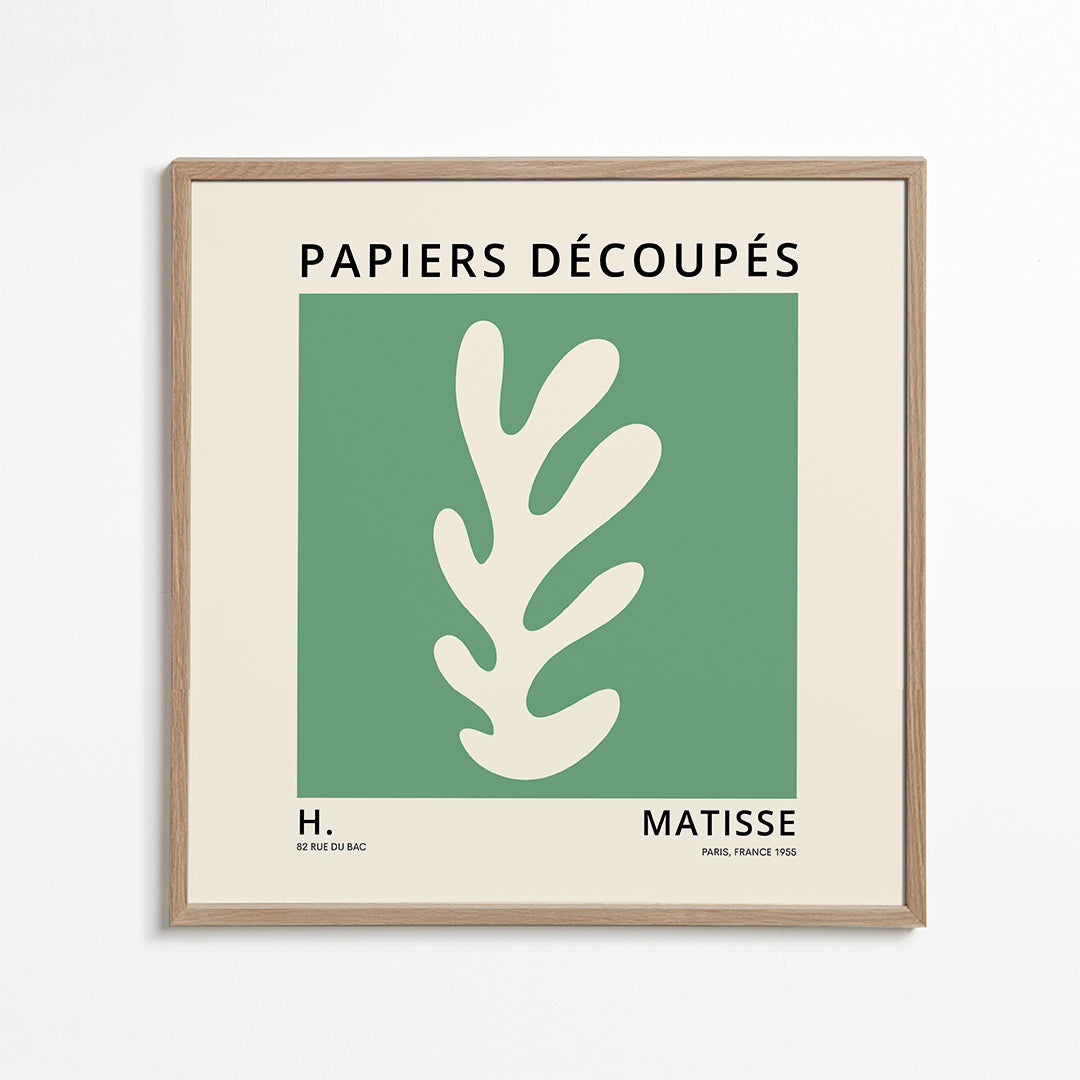 Botanický plakát: zelený vystřižený list ve stylu Matisse