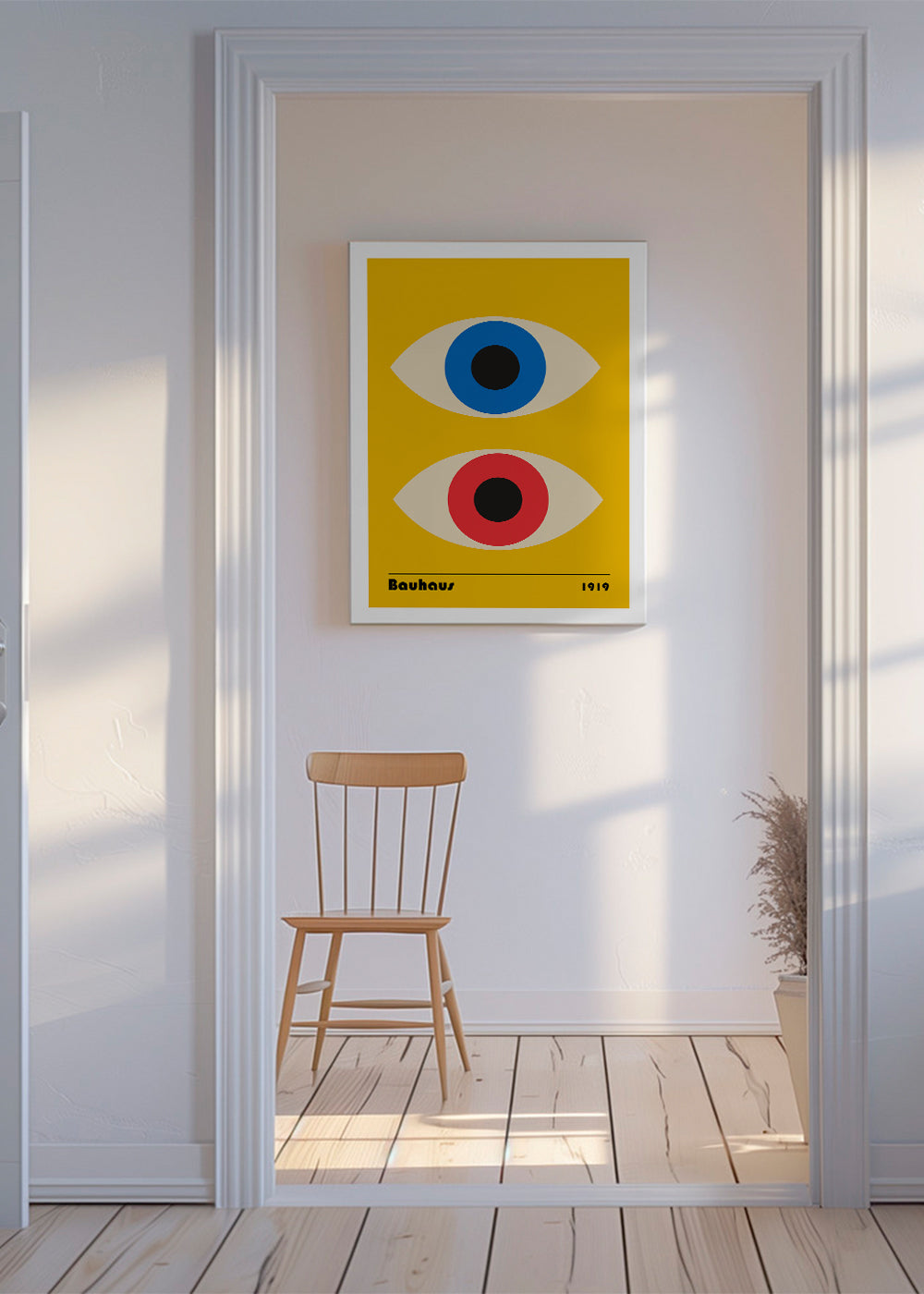 Geometrický plakát Bauhaus s červenýma a modrýma očima