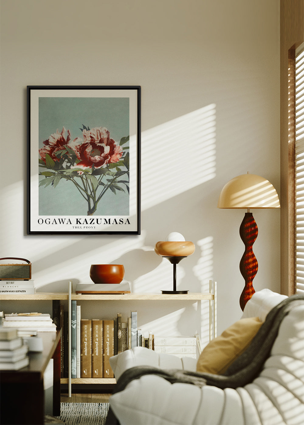 Botanický plakát Červená pivoňka na aqua