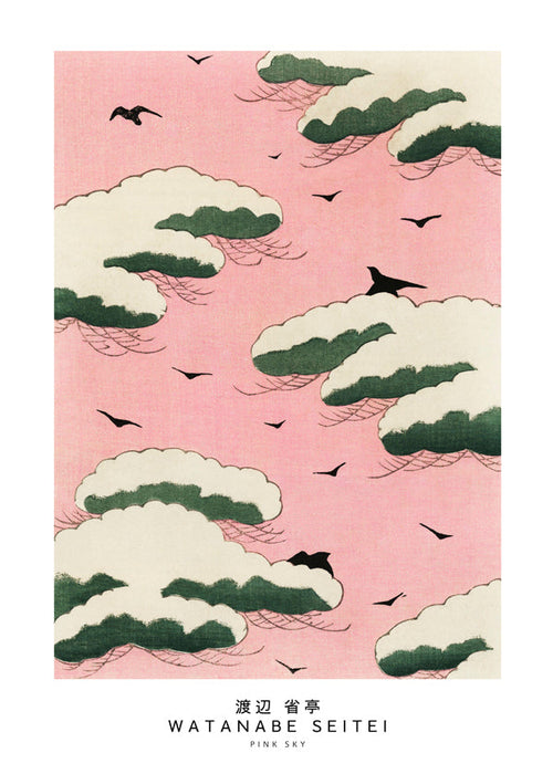 Japonská ilustrace růžové oblohy s oblaky a ptáky
